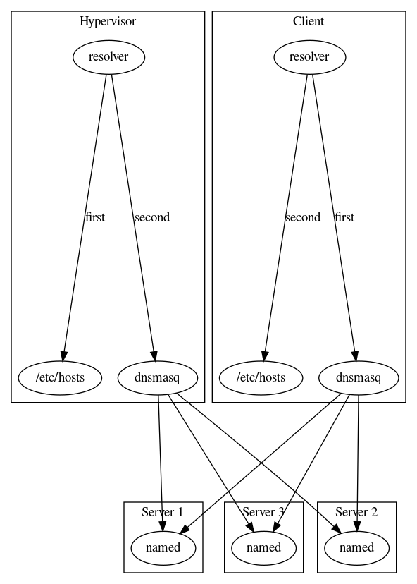 digraph "arch" {
ranksep=2
"DNS server 1"; "DNS server 2"; "DNS server 3";
 subgraph cluster_client {
  ranksep=0
  label="Client";
  "client_resolver"[label="resolver"];
  "client_hosts"[label="/etc/hosts"];
  "client_dnsmasq"[label="dnsmasq"];
  "client_resolver" -> "client_dnsmasq"[label="first"];
  "client_resolver" -> "client_hosts"[label="second"];
 }
 subgraph cluster_hypervisor {
  ranksep=0
  label="Hypervisor";
  "hypervisor_resolver"[label="resolver"];
  "hypervisor_hosts"[label="/etc/hosts"];
  "hypervisor_dnsmasq"[label="dnsmasq"];
  "hypervisor_resolver" -> "hypervisor_dnsmasq"[label="second"];
  "hypervisor_resolver" -> "hypervisor_hosts"[label="first"];
 }
 subgraph cluster_server1 {
  ranksep=0
   label="Server 1"
  "DNS server 1"[label="named"];
 }

 subgraph cluster_server2 {
  ranksep=0
   label="Server 2"
  "DNS server 2"[label="named"];
 }

 subgraph cluster_server3 {
  ranksep=0
   label="Server 3"
  "DNS server 3"[label="named"];
 }
  "client_dnsmasq" -> "DNS server 1";
  "client_dnsmasq" -> "DNS server 2";
  "client_dnsmasq" -> "DNS server 3";
  "hypervisor_dnsmasq" -> "DNS server 1";
  "hypervisor_dnsmasq" -> "DNS server 2";
  "hypervisor_dnsmasq" -> "DNS server 3";
}